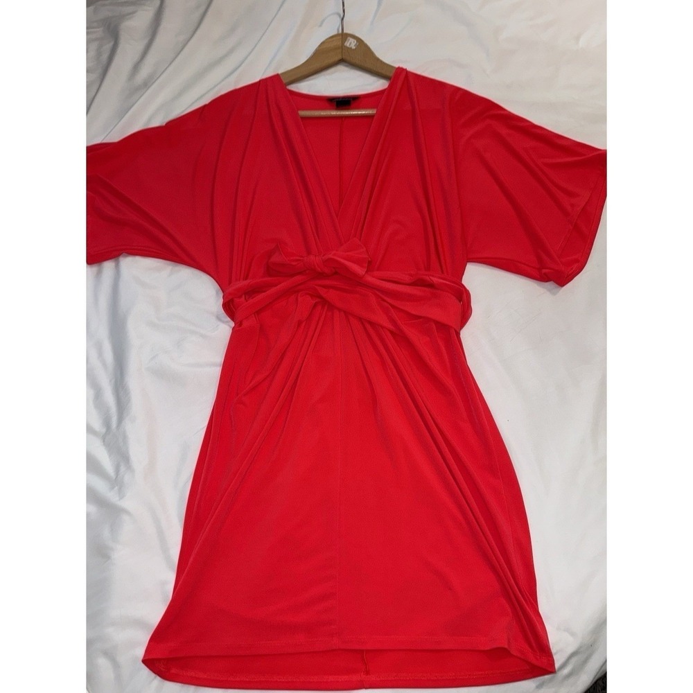 Moda International Red V-Neck Tie Front Mini Dress Short Sleeve Kimono Style M